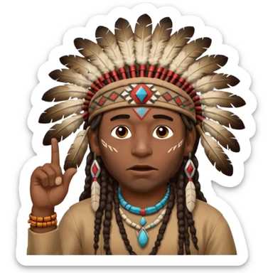 Black American man dark brown with dreads with a American Indian headdress with one finger pointing at his mouth with a yea he lying face sticker