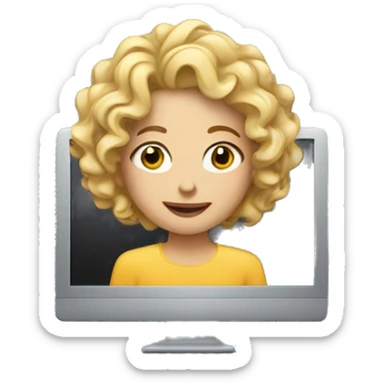 curly blonde female behind a computer sticker