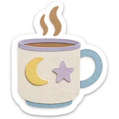 coffee cup with pastel moon and star doodles, hand-drawn style sticker