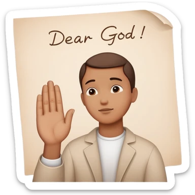 Person with praying hands next to paper with "Dear God" written on it sticker