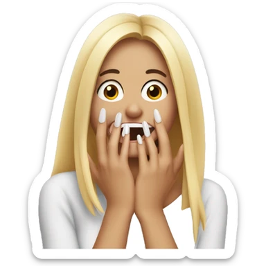 Girl laughing with long nails hand covers her mouth to hide laugh sticker