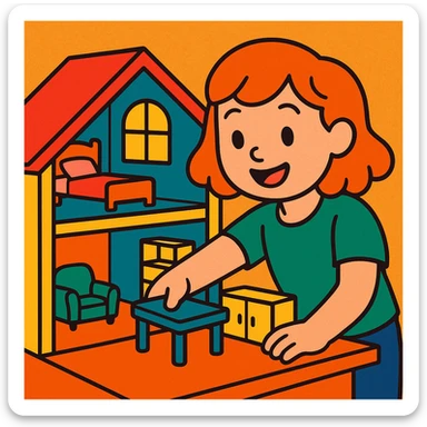 smiling girl arranging furniture in doll house sticker