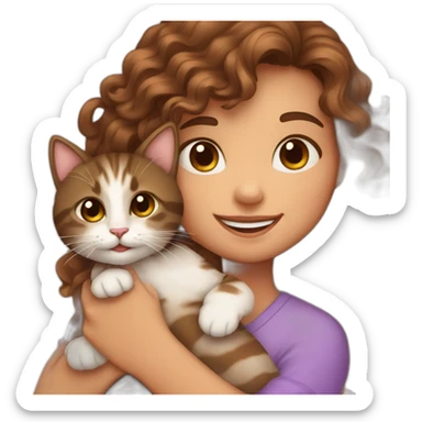 Girl long curly brown hair smiling et tenant brown eyes and holding a cat in her arms sticker