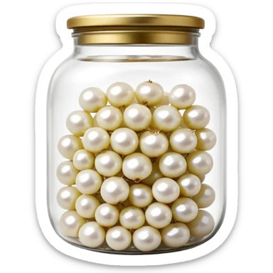 clear glass jar filled with small white pearl onions submerged in clear brine, rounded jar with metal lid, tightly packed contents visible through transparent sides, onions smooth glossy slightly translucent, no label no fork no garnish, closed jar, soft lighting, subtle shadows, emoji scale sticker