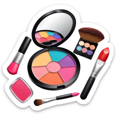 A photorealistic icon featuring makeup brushes, a lipstick being applied, an eyeshadow palette with colors in use and a compact mirror reflecting a half-done makeup look. The design captures the artistry and process of makeup with bright and realistic textures. Transparent background. sticker