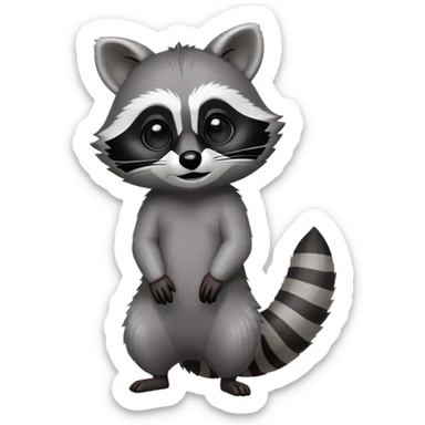 Cinematic-Raccoon-Realistic-Full-Body-Standing on all fours-Emoji – Tail flicking lazily, head tilted dramatically, thick grey fur with a signature black mask, sharp and alert ears, simplified yet realistic focused features, highly detailed, glowing with an almost sarcastic glow. sticker