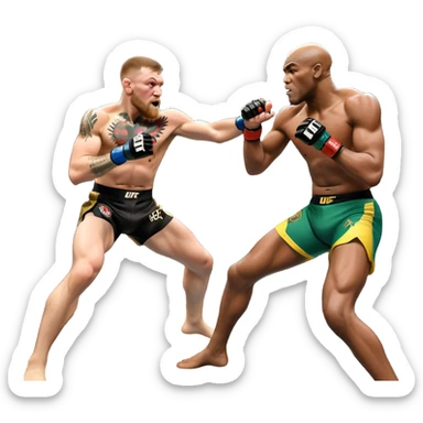 An MMA showdown between Conor McGregor and Anderson Silva in the octagon. McGregor is executing a powerful jumping strike, while Silva is expertly blocking the attack with his forearm. The background features the UFC octagon, fans in the distance, and dynamic action. Transparent background sticker