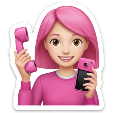 pink video call between one person holding the phone with a person on the phone screen sticker