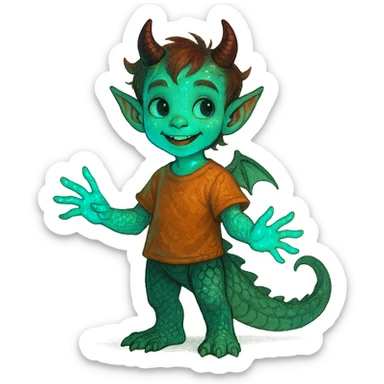 friendly curious kid mixed with dragon features such as scales and tail, demon traits like horns and pointed ears, and alien characteristics including glowing skin and extra fingers sticker