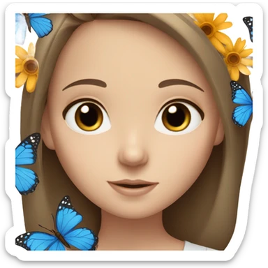 White girl with brown hair and blue eyes, flowers and butterflies  sticker