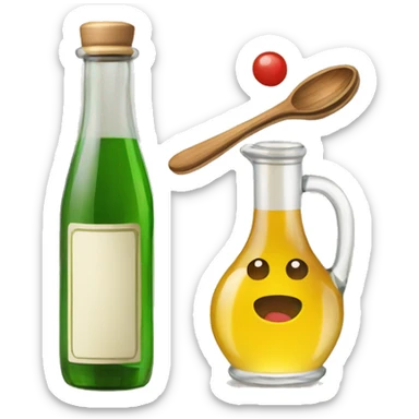 spoon of vinegar with the glass and a bottle of vinegar sticker