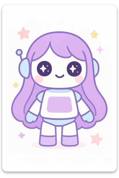 futuristic robot with long purple hair, glowing eyes, sci-fi anime style sticker