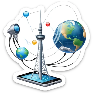 An icon featuring a communication tower with signal waves, satellites in orbit, and fiber optic cables. The design includes a smartphone, message bubbles, and a globe with connection lines, symbolizing global communication networks. Transparent background  sticker