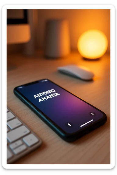 A photo of an iPhone on the desk with the message "Antonio Anania" on its screen, The phone sits atop a desk with a blurred background that suggests work environment. A faint glow from above casts gentle shadows across the surface of each object, creating depth and highlighting their textures sticker