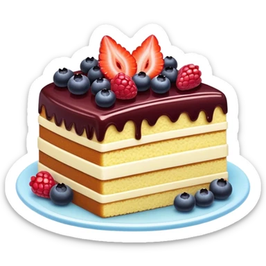 Cinematic luxurious slice of cake, delicate layers of moist sponge and rich frosting, beautifully decorated with fresh berries and a glossy glaze, soft glowing light, elegant and indulgent. sticker