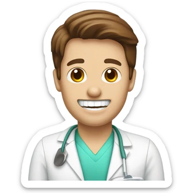 Brown haired dentist holding denture sticker
