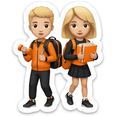 light skin students girl and boy with school bag full of books on back and dumbell in hand. Clothes are in black and orange colours  sticker