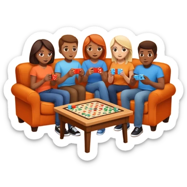 group of friends on couch playing a game couch should be dark orange sticker