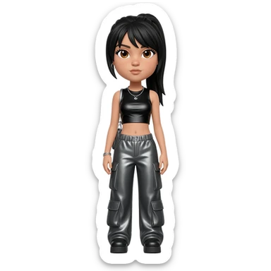 Left Eye from TLC with brown eyes, black ponytail hair, black metallic crop top, charcoal metallic baggy pants, silver necklace sticker