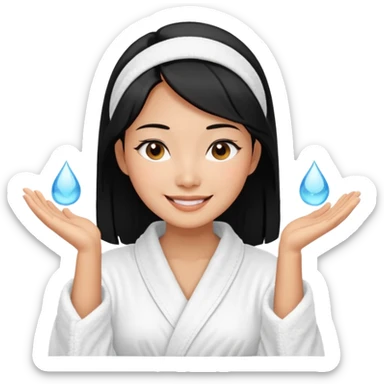 A black-haired East Asian woman smiling with a satisfied, relaxed expression. She is wearing a bathrobe, in the middle of her skincare routine, and her skin looks radiant. sticker