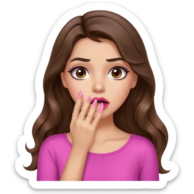 girl with long wavy brown hair, brown eyes, long lashes makeup, sexy pink lips, light to medium complexion, pink sexy top, shocked, hand covering mouth sticker