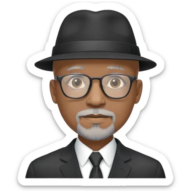 Bald mature Black male with Grey goatee and light glasses in a nice black suit and hat
 sticker