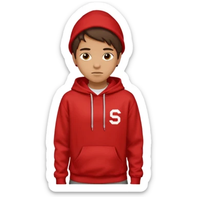 make me an emoji of an americain 19 yearold boy in a red hoodie that says "south" on it and give him with tan skin with his hands in his hands in his pocket not grining flexing his muscles sticker