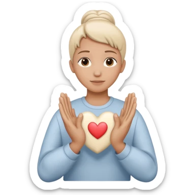 Hands joined in prayer with a cream heart sticker