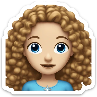 White girl with blue eyes and long brown curly hair wearing a crown sticker