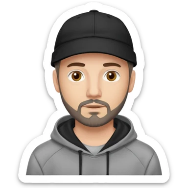 Hombre de ojos claros, con barba fina y perilla, gorra negra bordada, y sudadera gris. Expresión relajada y estilo urbano. sticker