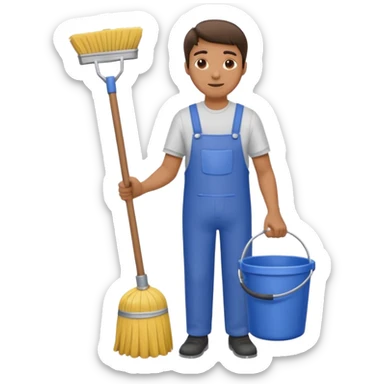 man in cleaning clothes, holding a broom and a bucket sticker