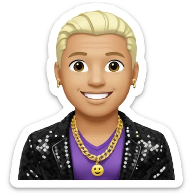 Sisqó with platinum blonde hair, black sequin jacket, shirtless with necklace sticker