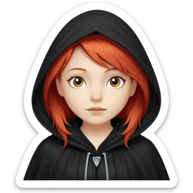 white-skinned girl with red hair wearing a black cloak with a hood sticker