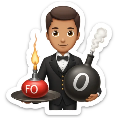 A butler holding an old-fashion bomb on a plater with the letters “FO” on the side sticker
