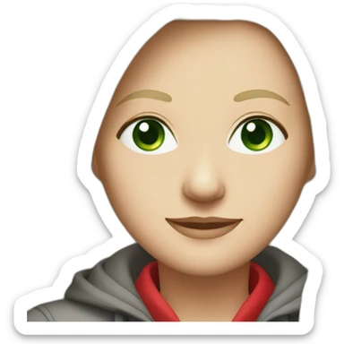 28 old women, white skin, long straight blond hair, green eyes, red shirt in a gray jacket sticker