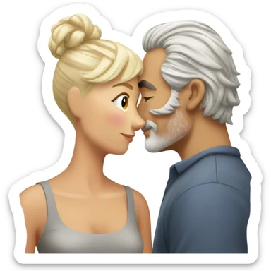 Handsome greying man manbun kissing blond athletic woman with pixie cut sticker