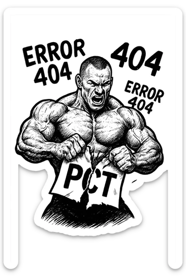 bodybuilder che strappa un foglio con la scritta "PCT" INTORNO A LUI FLUTTUANO LE PAROLE "ERROR 404" sticker