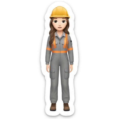 a young woman in a gray construction suit. Long brown hair down to her waist. Full-length. She has fair skin. Plucked lips. Eyelash extensions. sticker