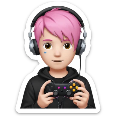 pink haired boy with headphones holding all black game controller sticker
