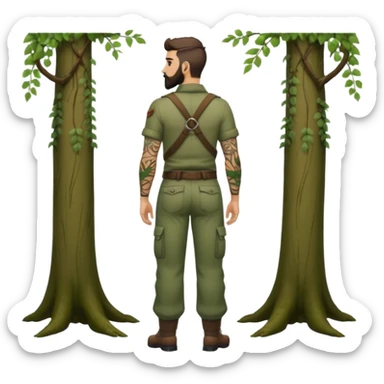 full body ranger style man, medium beard, from behind, low waist forest trousers, vine tattoos across back sticker