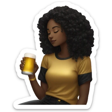 Girl wearing black and gold sat on a nebula galaxy drinking beer surrounded by golden stars and planets sticker
