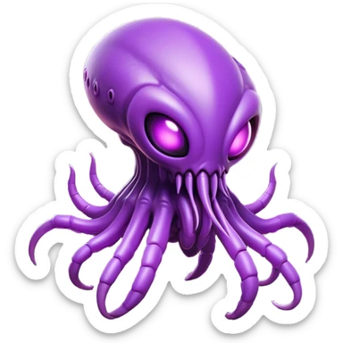 Clash of Clans aesthetic: Cinematic fierce Zerg Alien Emoji, rendered in a 3D vector-style similar to standard emojis with minimal shading and bold, simplified shapes. A compact, isometric, otherworldly creature with insectoid, organic details and subtle, eerie tentacles, softly glowing with a sinister alien charm. Simplified yet unmistakably iconic, highly detailed and consistent, glowing with a soft, spectral radiance and high shine. Stylized with a touch of bio-engineered mischief and a soft glowing outline, capturing the essence of a fearsome extraterrestrial menace with a playful twist! sticker