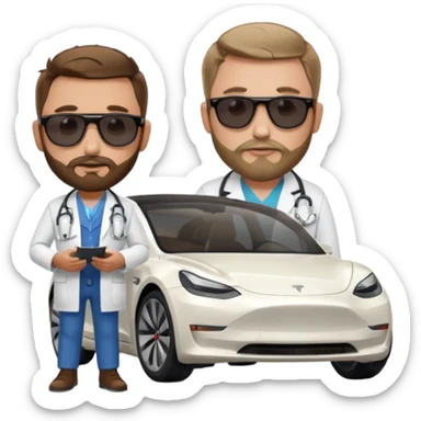 White tesla model 3 and one cool physician with dark blond hair, beard, stetoscope and dark sunglasses next to it sticker