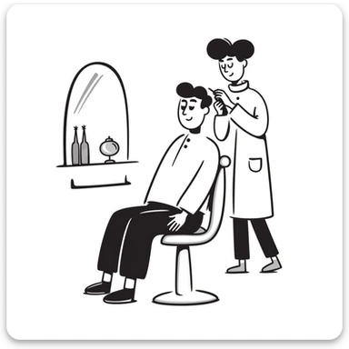 a soldier man getting a haircut, hand drawn doodle style sticker