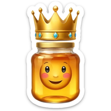 Honey jar filled with golden thick liquid, on top of the jar a big crown sticker