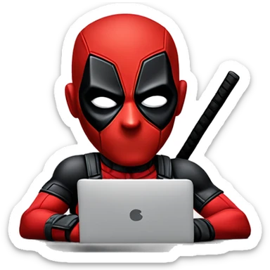 Cute Deadpool sitting at a desk, front view sticker