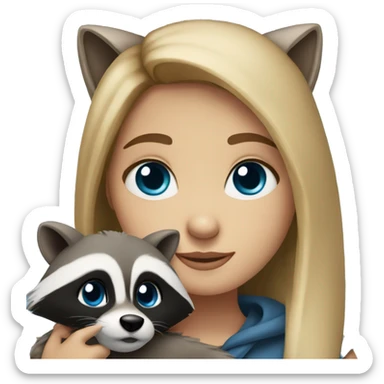 Dark blonde girl with blue eyes hugs a racoon sticker