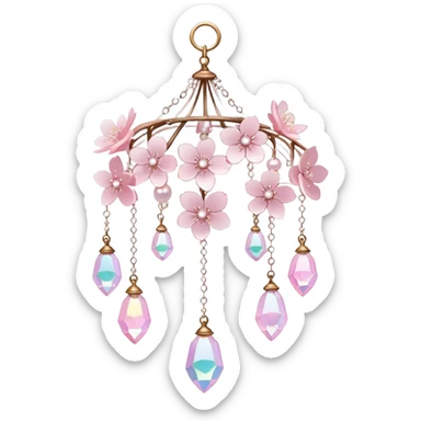 Hanging Iridescent pastel pink sakura crystals white-pearly suncatcher with a tiny bell chandelier sticker