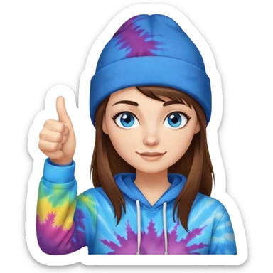 White woman with buzzed brown hair and a side bang on her face under a black beanie. i want her to have blue eyes with long eyelashes and tiedye hoodie. i would like for her to be doing a thumbs up with one hand  sticker