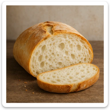 realistic Italian bakery style white bread, soft crust, fluffy interior, sliced open to show texture sticker